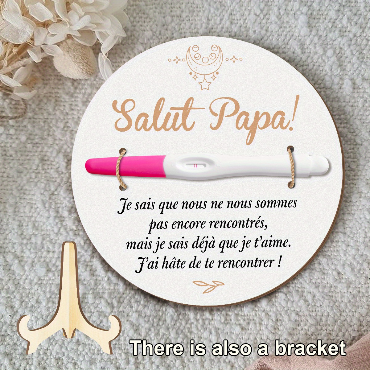 TEMU Plaque en Bois Souvenir de Test de Grossesse avec Support - "Salut Papa !" Annonce de Grossesse pour Père, Décoration Naturelle sur Bureau pour