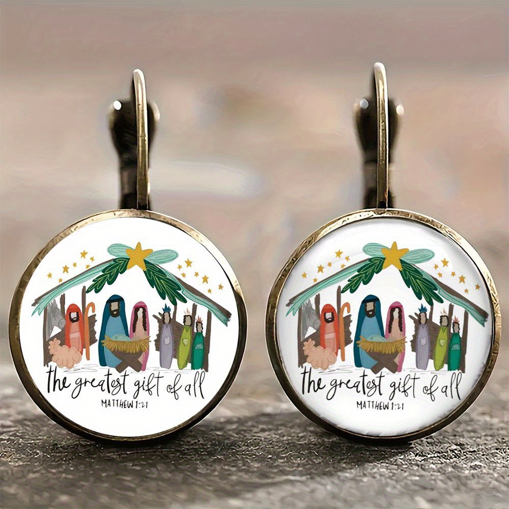 TEMU Vintage-inspired Round Earrings Made Of Alloy, Featuring A Warm Christmas Illustration. Light Pieces Are Stylish And Easy, Wear. Make A Great Gift And Are Suitable For Events