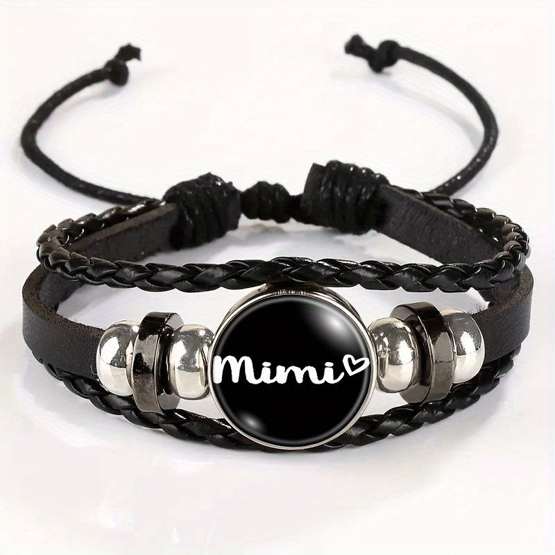 TEMU Adjustable Vintage Bracelet With Mimi Heart Font Pendant - Stylish Black Faux Leather Wristband For Casual Attire Gift , For Teenager