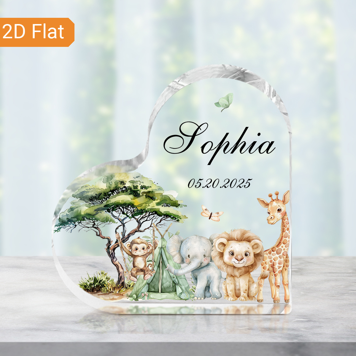 TEMU 2d Flat, 1pc Customizable Name & Date Acrylic Heart Shaped Baptism Ornament - Jungle Animal Journey Design With Giraffes, Elephants, Monkeys &