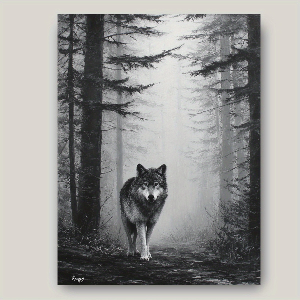 TEMU 2d Flat, 2d Flat, 2d Flat1 Black And White Wolf Canvas Art Print - 30.48x40.64 Cm, Unframed Wall Decor, Hook Installation, Perfect For Home Or