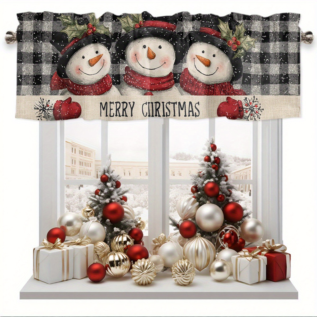 TEMU 1pc Farmhouse Style Black And White Snowman & Curtain Valance - Country Winter Window With Ruffles, Lightweight Filtered Polyester Fabric For