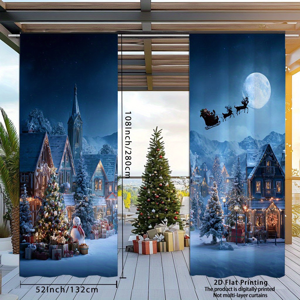 TEMU 2d Flat - 2d Flat - Set Of 2, Flat Printed Christmas Village Snowman Night Scene Curtains, Measuring 63 Inches In Length, Perfect For Indoor