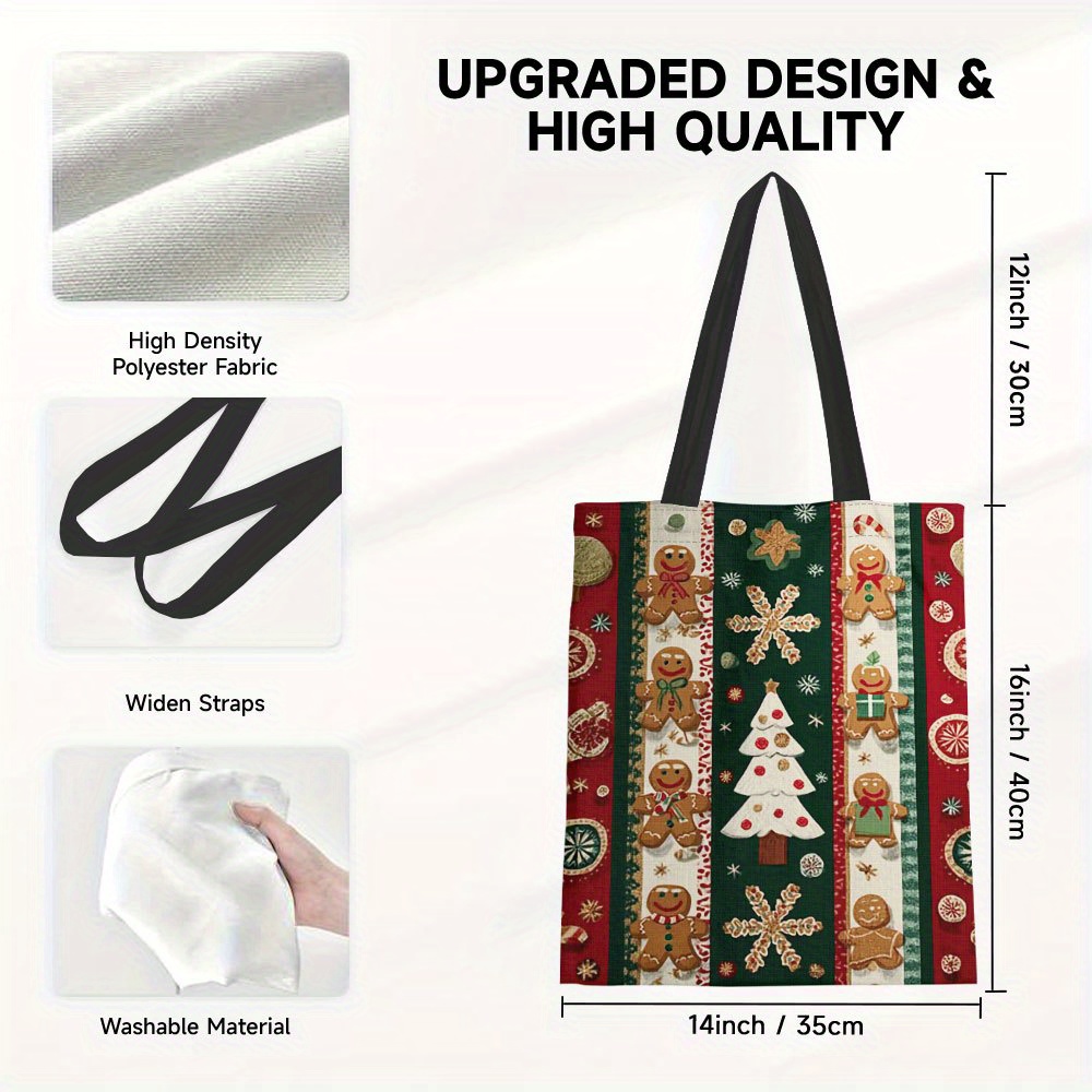 TEMU 1pc Of A Christmas-themed Canvas Tote Featuring A Gingerbread Design, Suitable For Grocery Shopping, School, And Travel. An Excellent Gift For