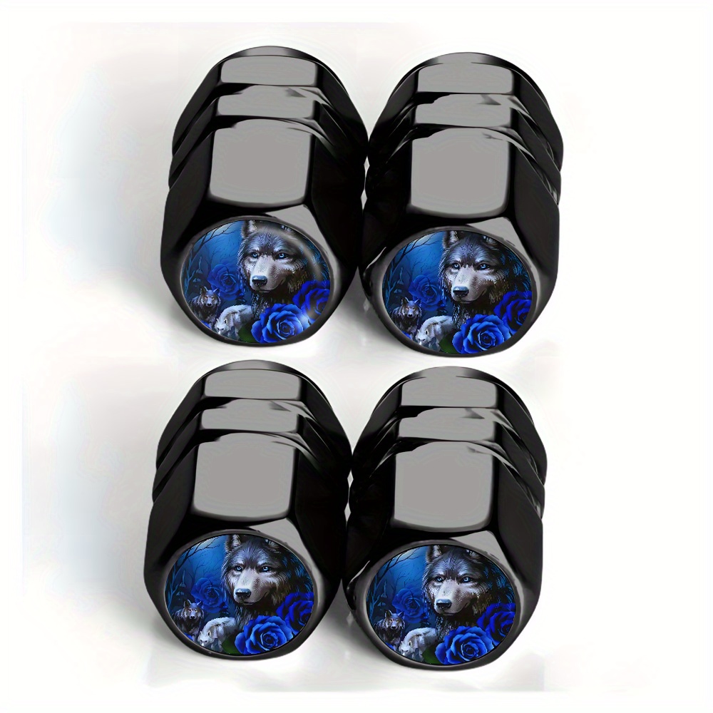 TEMU 4pcs Black Blue Rose, Wolf, Forest, Fantasy, Night Tire Valve Caps - For Cars, Trucks, Suvs And Motorcycles, Durable Aluminum Alloy, Stylish And