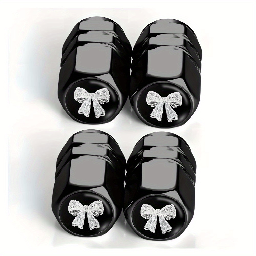 TEMU Set Of 4 Black Vintage Lace Bow And Pendant Tire Valve Caps - Suitable For Cars, Trucks, Suvs, And Motorcycles - Sturdy Aluminum Alloy ,