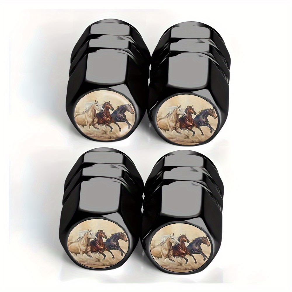TEMU 4pcs Black 3 Horses Picture Tire Valve Caps - Suitable For Cars, Trucks, Suvs And Motorcycles, Durable Aluminum Alloy, Stylish And Practical