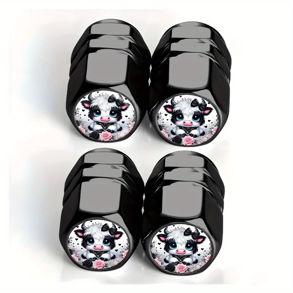 Set Of 4 Black Cartoon Calf Valve Caps, Cute, Black And White, - Suitable For Cars, Trucks, Suvs, And Motorcycles, Made Of Durable Aluminum Alloy, Stylish And Practical Dust-proof Design