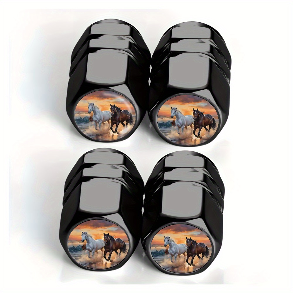 TEMU Set Of 4 Black Horse Tire Valve Caps For Seaside Sunset - Compatible With Cars, Trucks, Suvs, And Motorcycles, Made From Sturdy Aluminum Alloy,