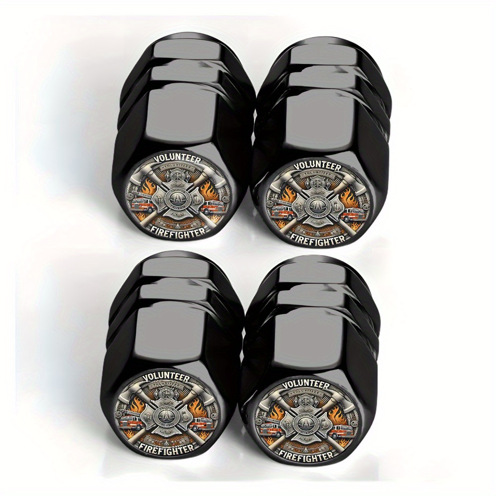 TEMU 4pcs Black Volunteer Firefighter Badge Design Tire Valve Caps - For Cars, Trucks, Suvs And Motorcycles, Durable Aluminum Alloy, Stylish And