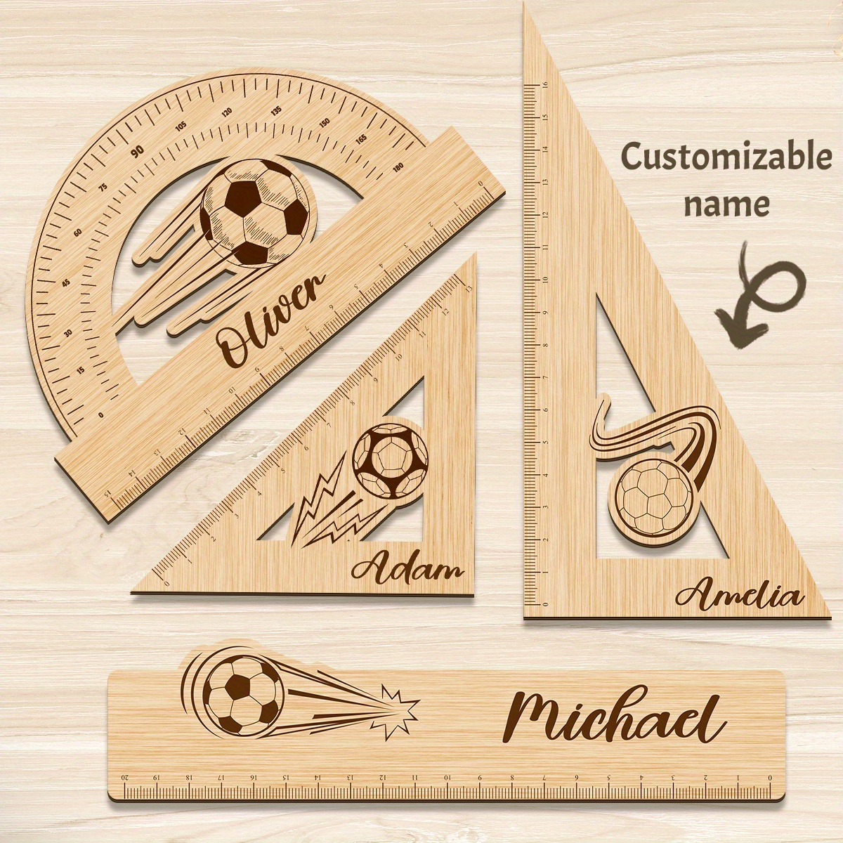 4pcs/set Football Theme Customizable Wooden Ruler Set, Ruler Test Drawing Ruler, School Supplies, Stationery, Personalized Learning Tools, Drawing Tools