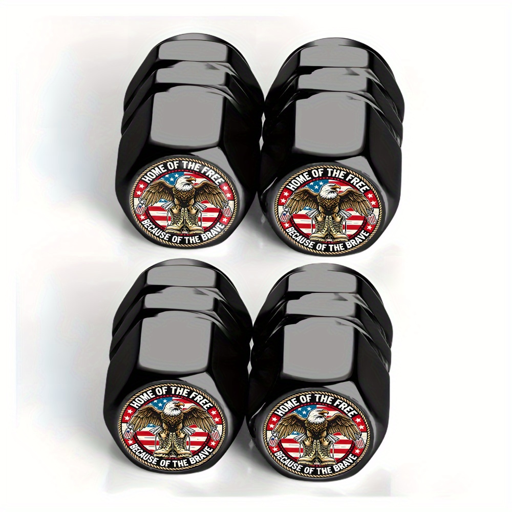 TEMU Set Of 4 Black Tire Valve Caps Featuring A Patriotic Design With An Eagle And Flag, Suitable For Cars, Trucks, Suvs, And Motorcycles. Made From
