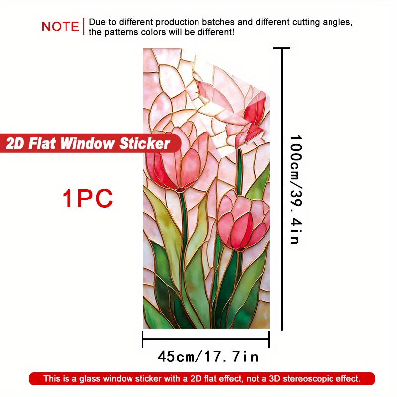 TEMU 1pc 2d Flat Window Sticker Stained Glass Tulips Exquisite Vertical Window Sticker Artwork, Electrostatic , Non Stick, Heat-resistant, Detachable