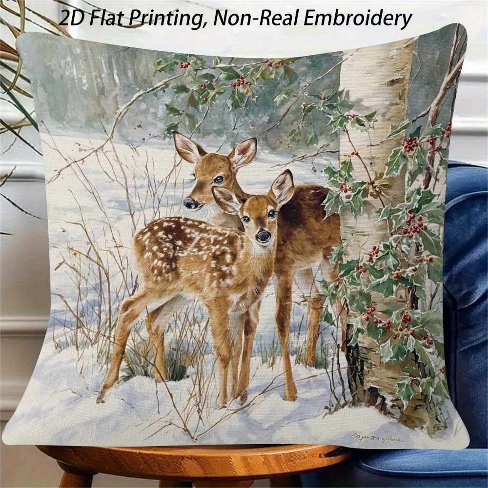 TEMU 1pc Winter Pillow Cover - Single-sided Print, 18x18 Inches. Forest Deer In Snow Pattern - Zipper Closure Cushion Cover - Machine Washable