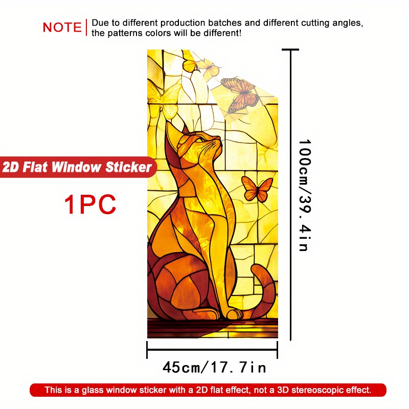 TEMU 2d Flat - 2d Flat - 1pc Of 2d Flat Window Decal, Measuring 17.7 By 39.4 Inches, Featuring A Stained Of A Cat And Butterflies. This Window Film