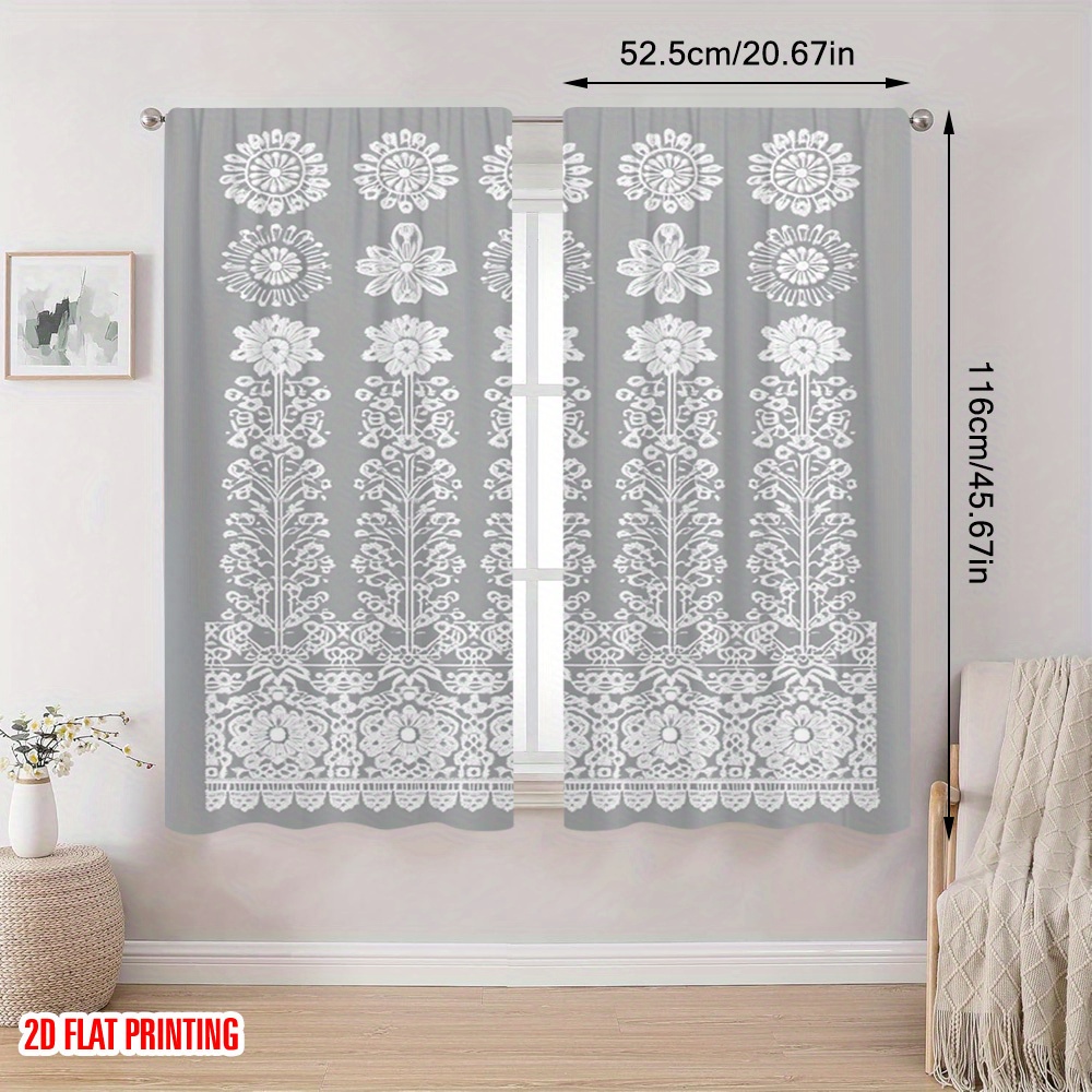 TEMU 2d Flat - 2d Flat - Set Of 2 High-quality Printed Curtains Featuring Floral Lace Designs, Perfect For Enhancing Your Living And Working Spaces