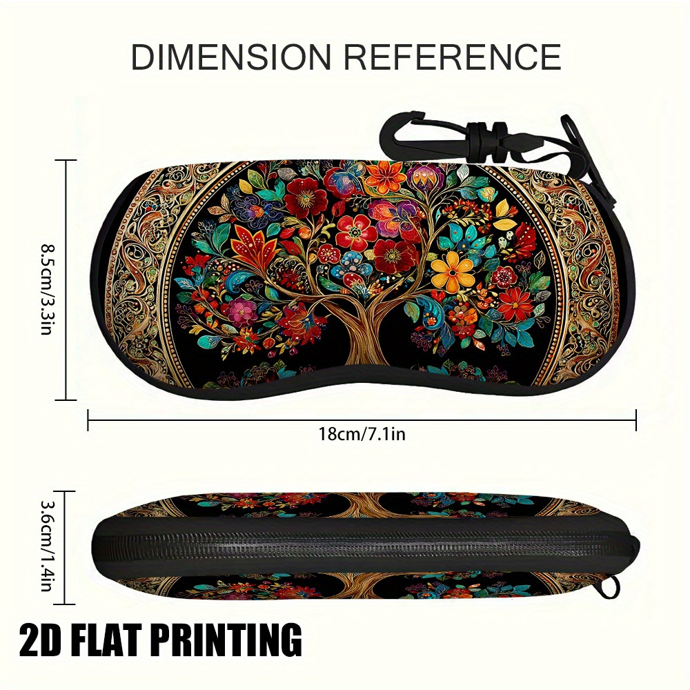 E-shop 1 Stück 2D Flaches Blumenbaum-des-Lebens-Muster Reißverschluss-Brillenetui mit Schlüsselanhänger, Ultraleichtes Tragbares Brillenetui, Ideal für
