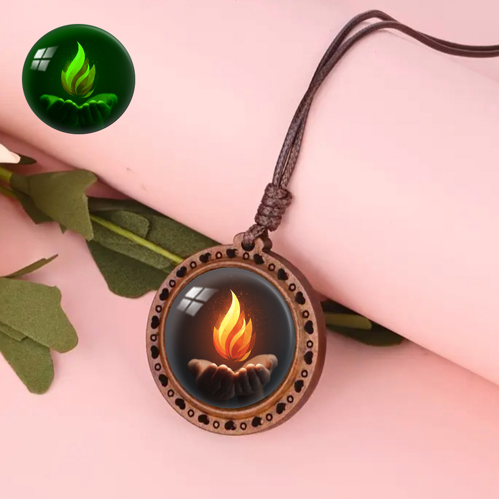 Glowing Flame Wood Necklace with Luminous Pendant
