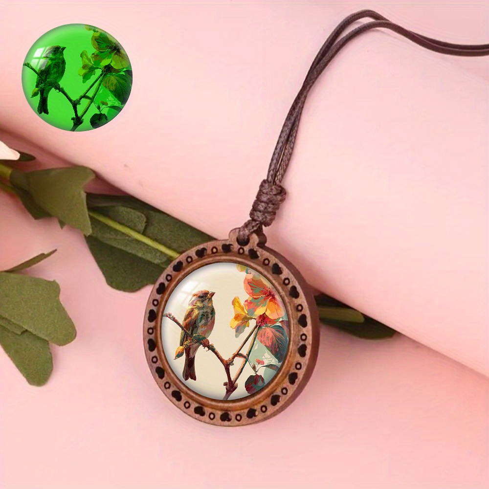 Wooden Pendant Necklace Featuring Sparrow & Flower Design