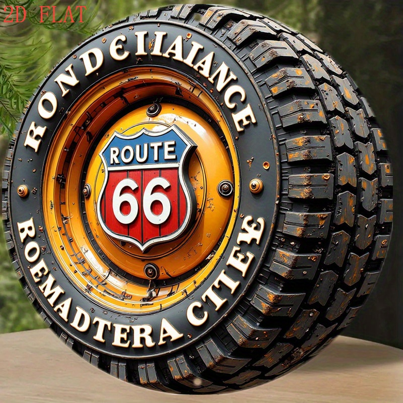 TEMU 2d Flat, 1pc Vintage Route 66 Metal Wall Decor - Heavy-duty Aluminum Retro Roadside Sign With Tire Design, Orange Background - Hooks For Home,
