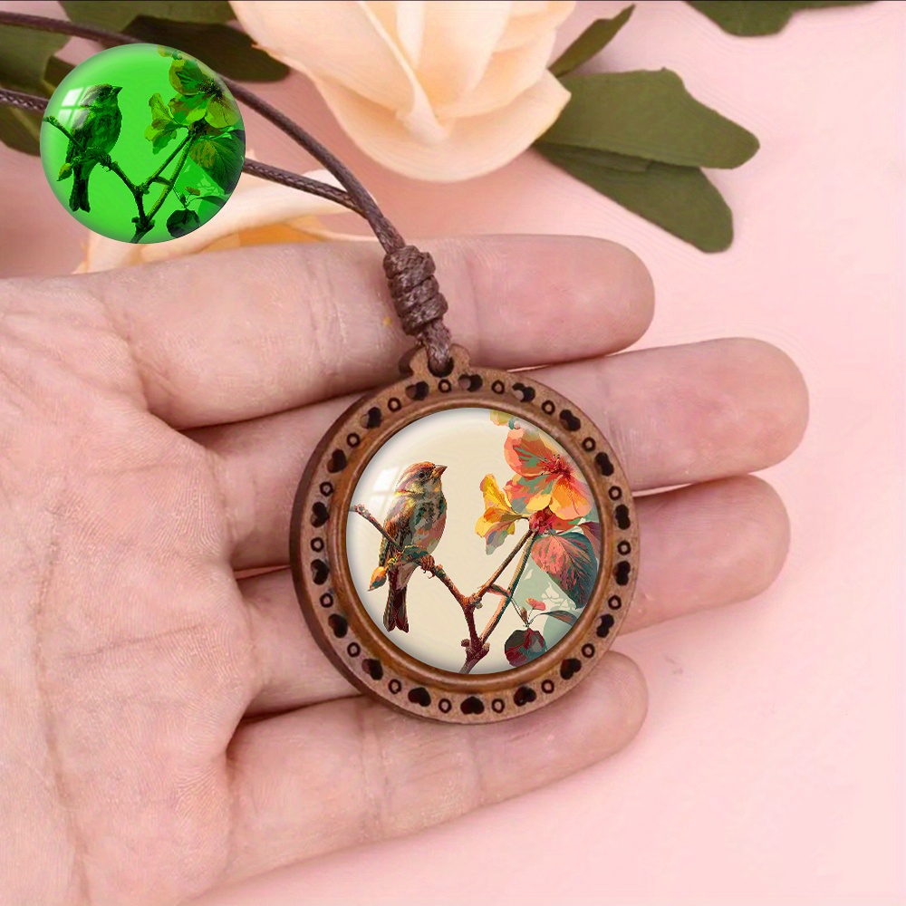 Wooden Pendant Necklace Featuring Sparrow & Flower Design