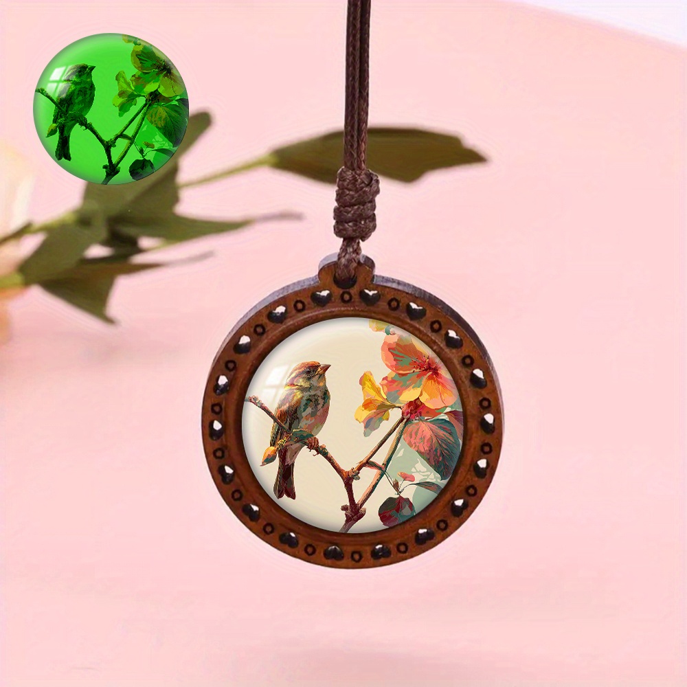 Wooden Pendant Necklace Featuring Sparrow & Flower Design