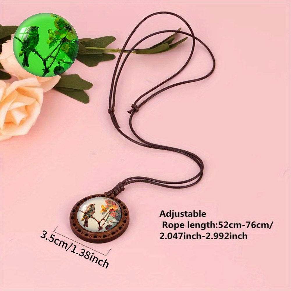 Wooden Pendant Necklace Featuring Sparrow & Flower Design