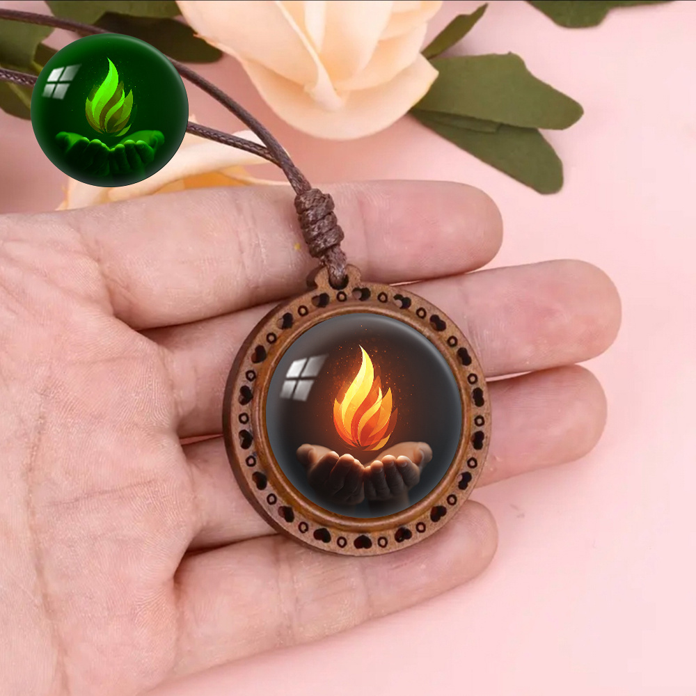 Glowing Flame Wood Necklace with Luminous Pendant