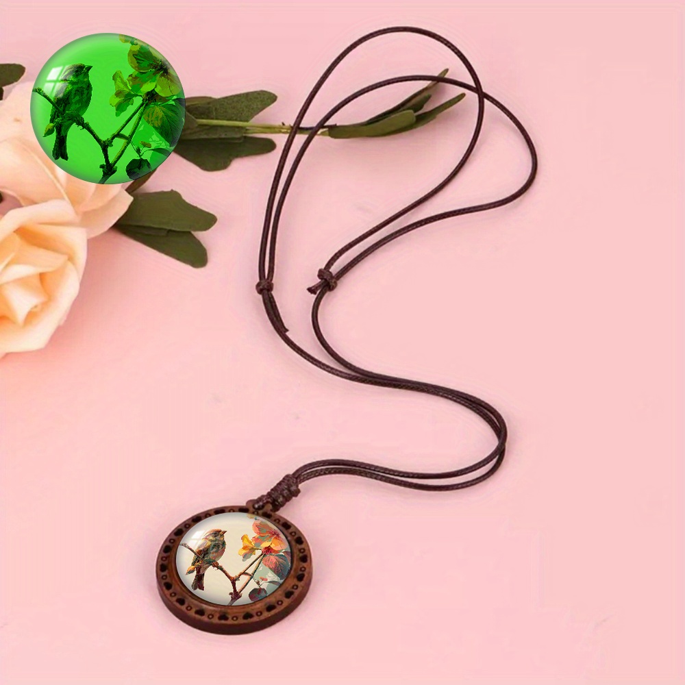 Wooden Pendant Necklace Featuring Sparrow & Flower Design