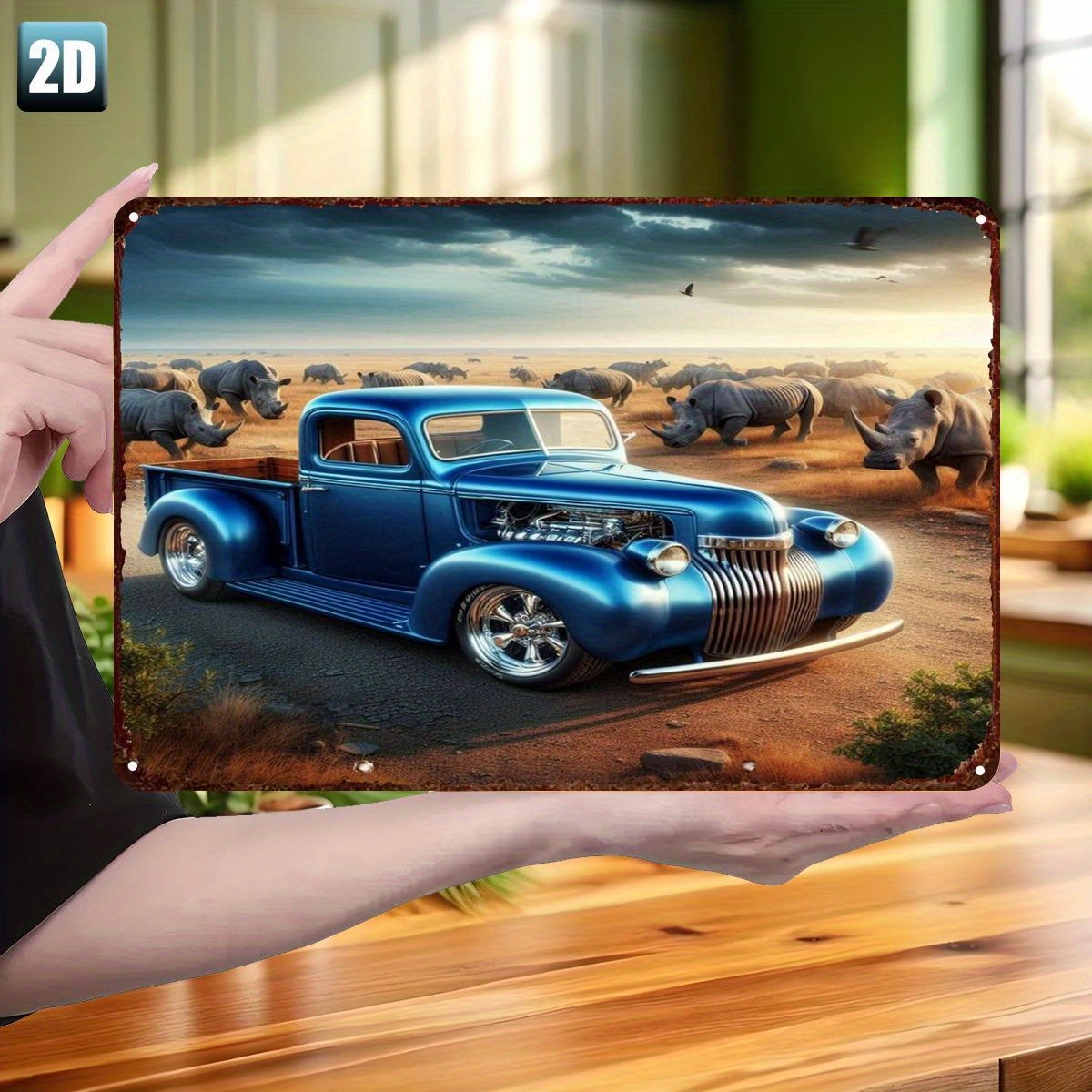 TEMU 2d Flat, Posters & Prints 2d Flat - 2d Flat 1pc, "vintage Blue Pickup Truck Amidst A Herd Of In A Desert Landscape", Metal Sign,