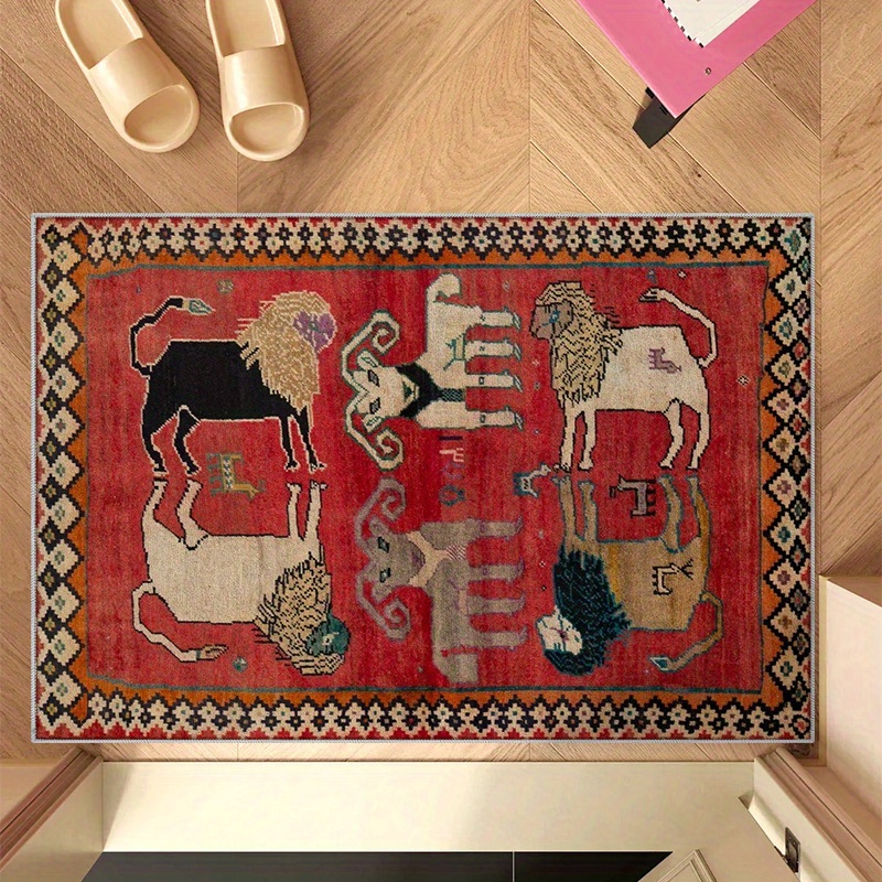 TEMU 1 pièce, Tapis de sol imprimé de style ethnique, en flanelle, avec de mythiques des lions et des moutons Argali, convient pour la décoration