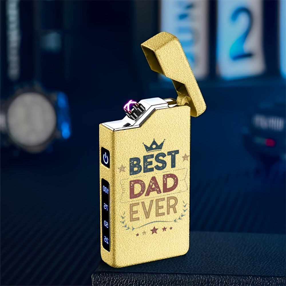 TEMU 1pc Windproof Electric With Best Dad Ever Text, Retro Style Usb Rechargeable Lighter, Dual Arc Flameless Lighter, , Power Indicator, Long , Gift