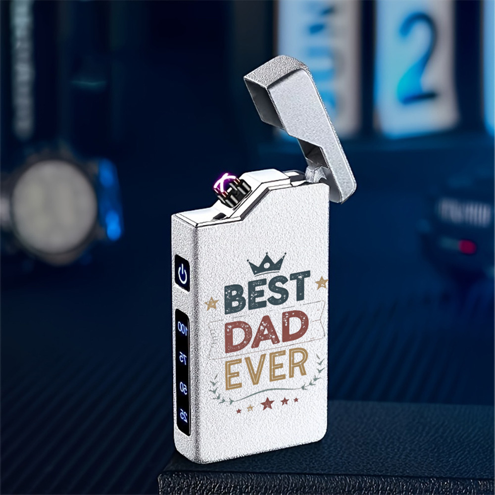 TEMU 1pc Windproof Electric With Best Dad Ever Text, Retro Style Usb Rechargeable Lighter, Dual Arc Flameless Lighter, , Power Indicator, Long , Gift