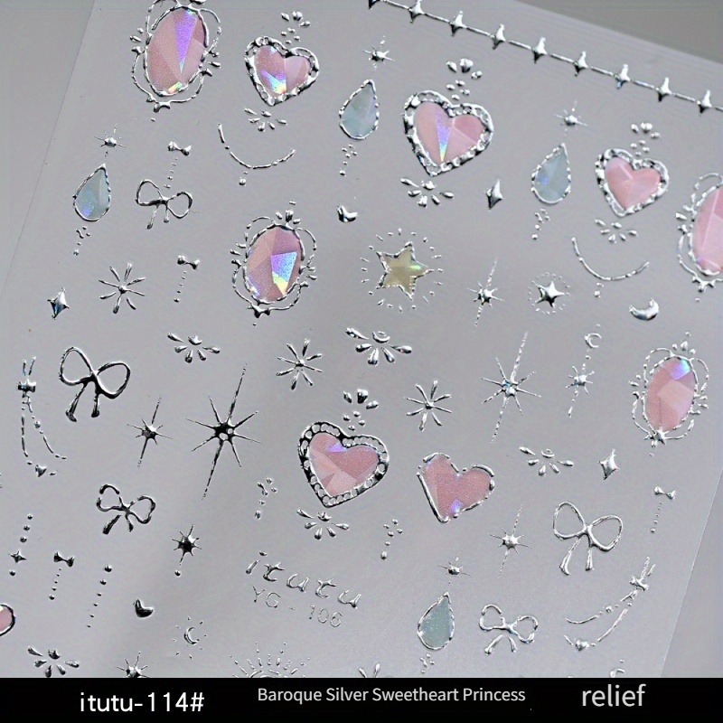 Image of Sweetheart Princess Baroque Nail Stickers Sailor Nail Relief Stickers Crystal Drop Back Glue