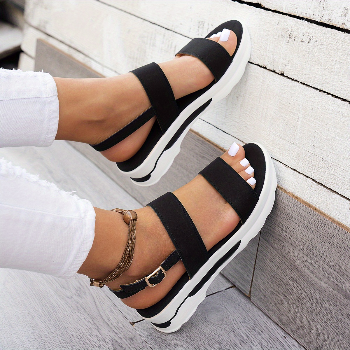 Women'S Comfortable Open-Toe Flat Wedge Sandals with Strap, Thick Sole  Summer Casual Shoes, Black and Ankle Strap, TPR Outsole, P