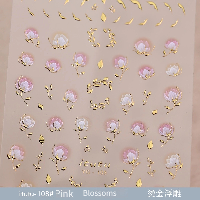 Image of New Style Ethereal Gradient Floral Nail Stickers Featuring A Cluster Of Golden Embossed Designs With Pink And Blue Flowers