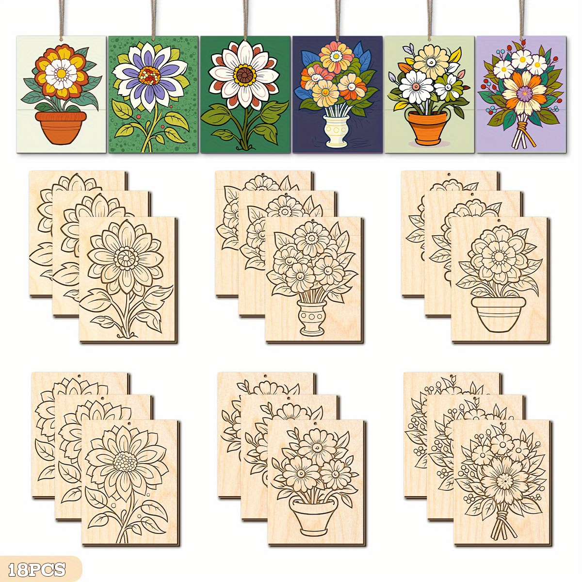 18pcs Unpainted Flower-themed Wood Pieces - Diy Craft Kit - - Suitable For Easter, 's Day, Birthdays, Anniversaries, Gifting - Paint Not Included