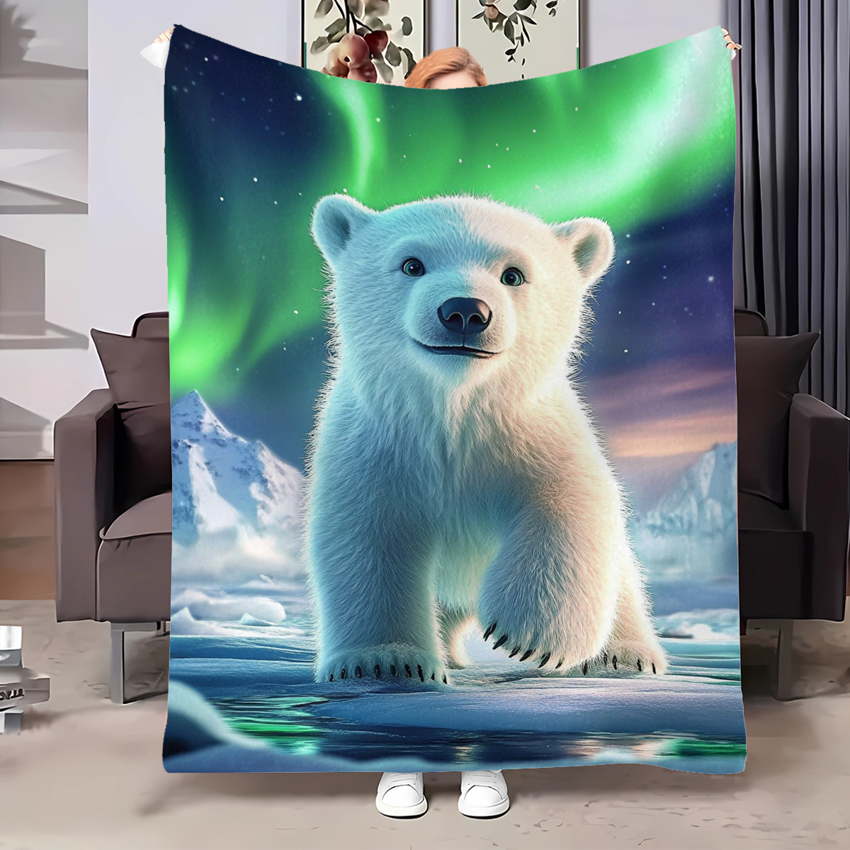 

Flannel Polar Bear Blanket - Adorable Cub Standing With Design, Cozy Winter Throw For Sofa, Travel, Picnic, Machine Washable & , -round Gift