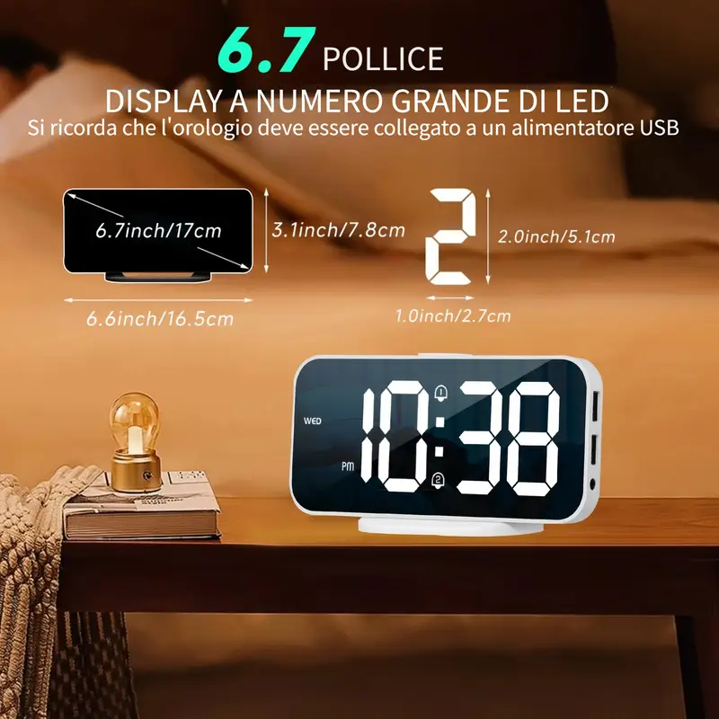 Sveglia Digitale Con Display LED A Specchio | Ora, Data, Temperatura | Alimentazione USB O Batterie - Foto 11
