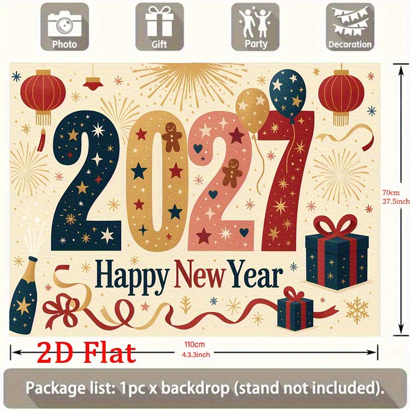 TEMU 2d Flat, 2d Flat, 2d Flat - 2d Flat - 2d Flat Party Banner, Featuring 2027 Decoration, Gingerbread Man And Happy New Year Slogan. Available In