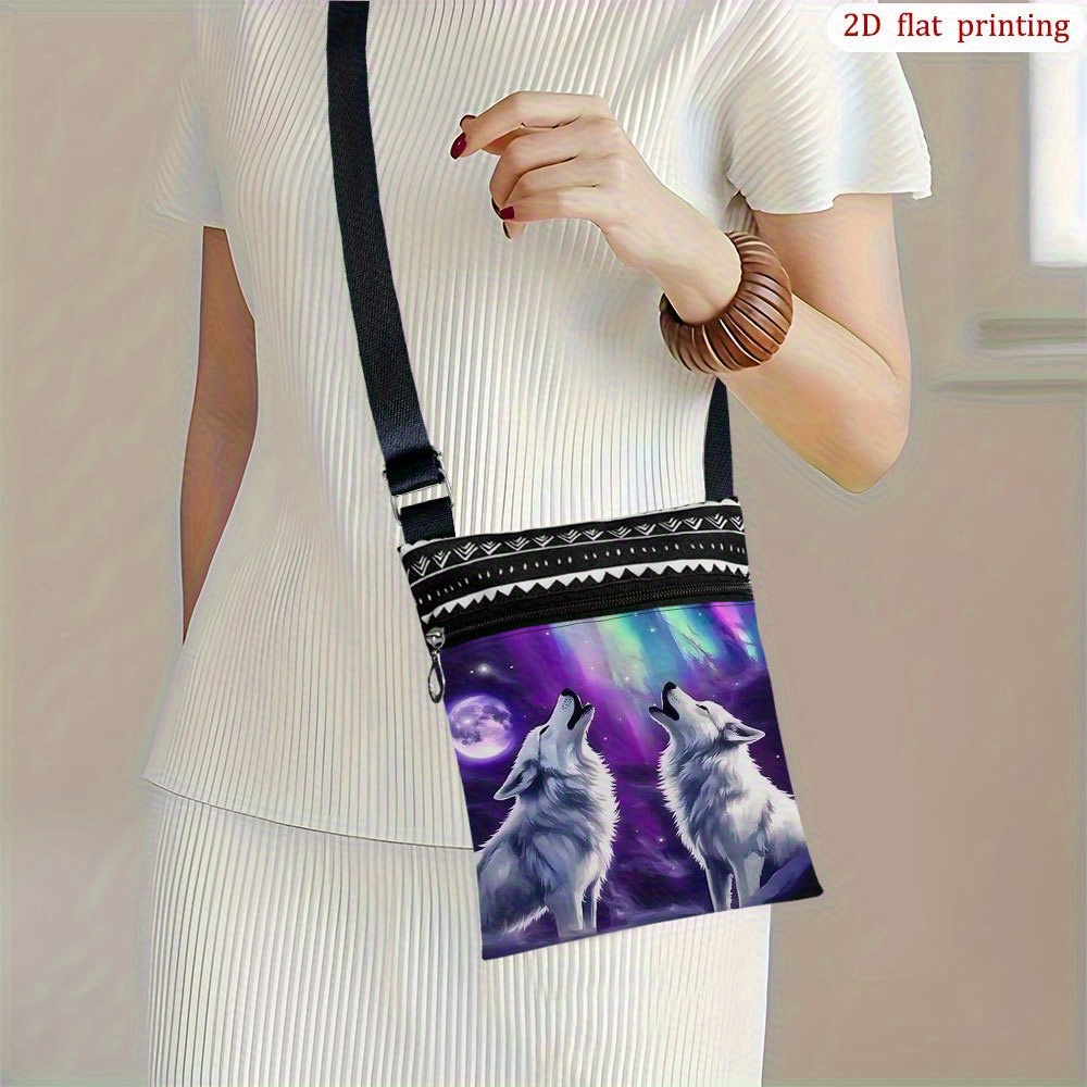 TEMU 1pc [2d Flat Printing] Crossbody Bag Featuring A Wolf Moon And Aurora Starry , Use. Made From Durable Fabric, A Vibrant Gift Option For Bachelor