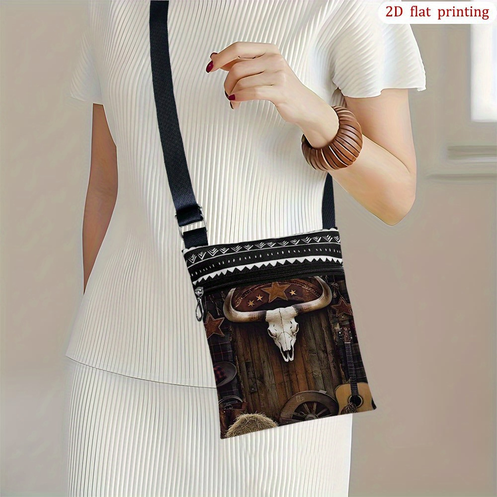TEMU 1pc Skull Crossbody Bag For - Cowgirl-themed Durable Handbag With Adjustable Strap & Zipper Closure, Skull Print In Multicolor (//) - Casual