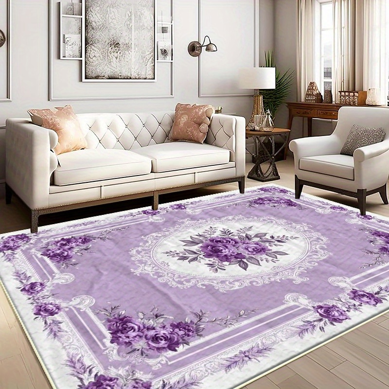 TEMU A Lavender Floral Patterned Rug Made Of Velvet, , Lightweight And Washable, Easy To , Perfect As A Holiday Gift, Suitable For Decorating