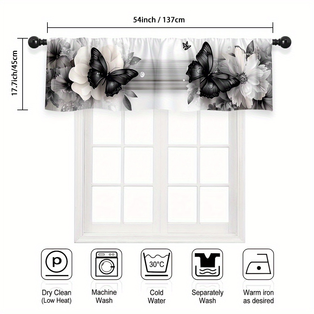 TEMU 2d Flat - 2d Flat - 1pc Of Floral Black And White Art Valance Curtain With A 2d Flat Print And Rod , , Enhances The Decor Of Kitchens, Bedrooms,