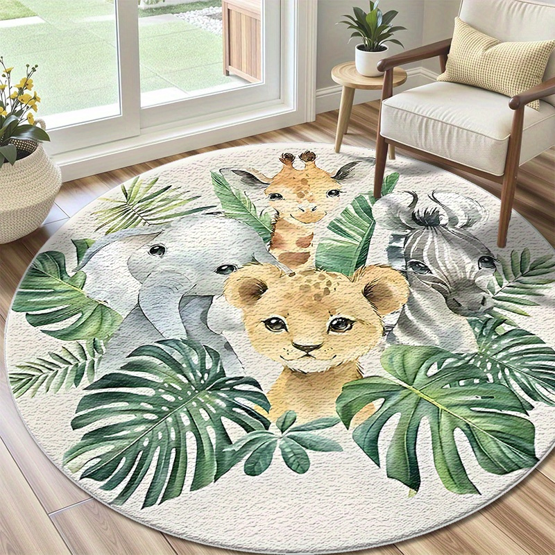 TEMU 1 tapis rond en velours avec un motif aquarelle d'animaux de et de feuilles , léger et lavable, parfait pour une entretien facile dans les
