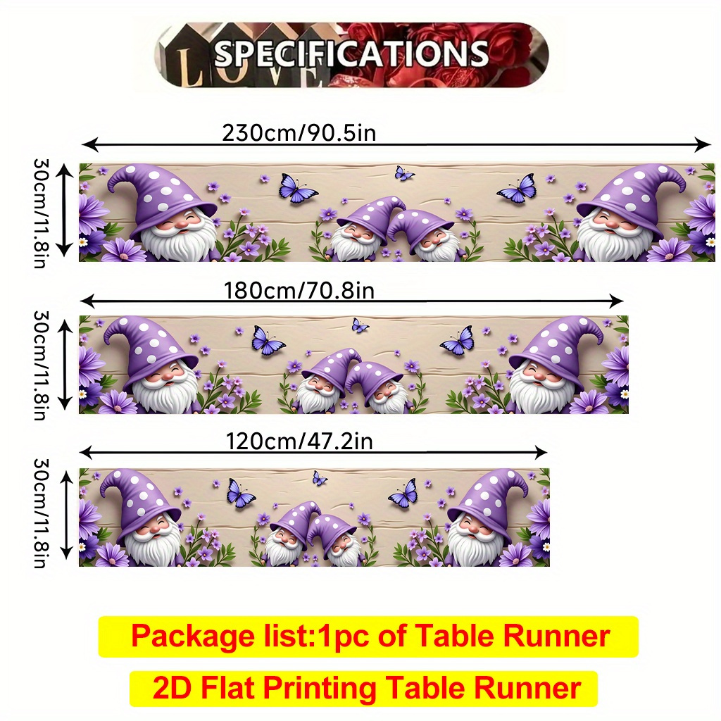 Image of 2d Flat Printing Table Runner 1pc, Purple Hat Gnomes And Butterflies Polyester Table Runner Suitable For Restaurant, Coffee Or Dining Tables, Tv Stands, Festival & Decorative Tablecloth, Easy To Clean