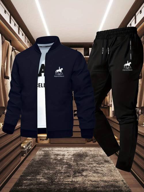imagen del artículo conjunto de piezas que una chaqueta ajustada para hombre y pantalones largos deportivos, diseñado con estampados elegantes para deportes, con de poliéster con cremallera, para uso casual en otoño e invierno.