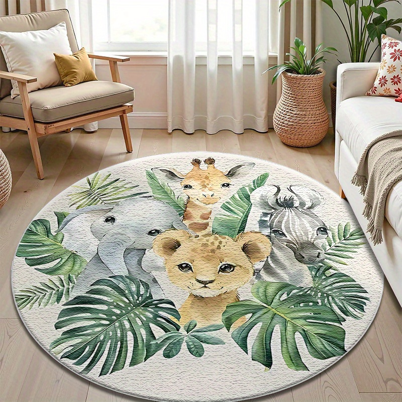 TEMU 1pc Of A Velvet Round Rug Featuring A Watercolor Design Of Jungle Animals And Tropical Leaves, Lightweight And Washable, Perfect For In Living