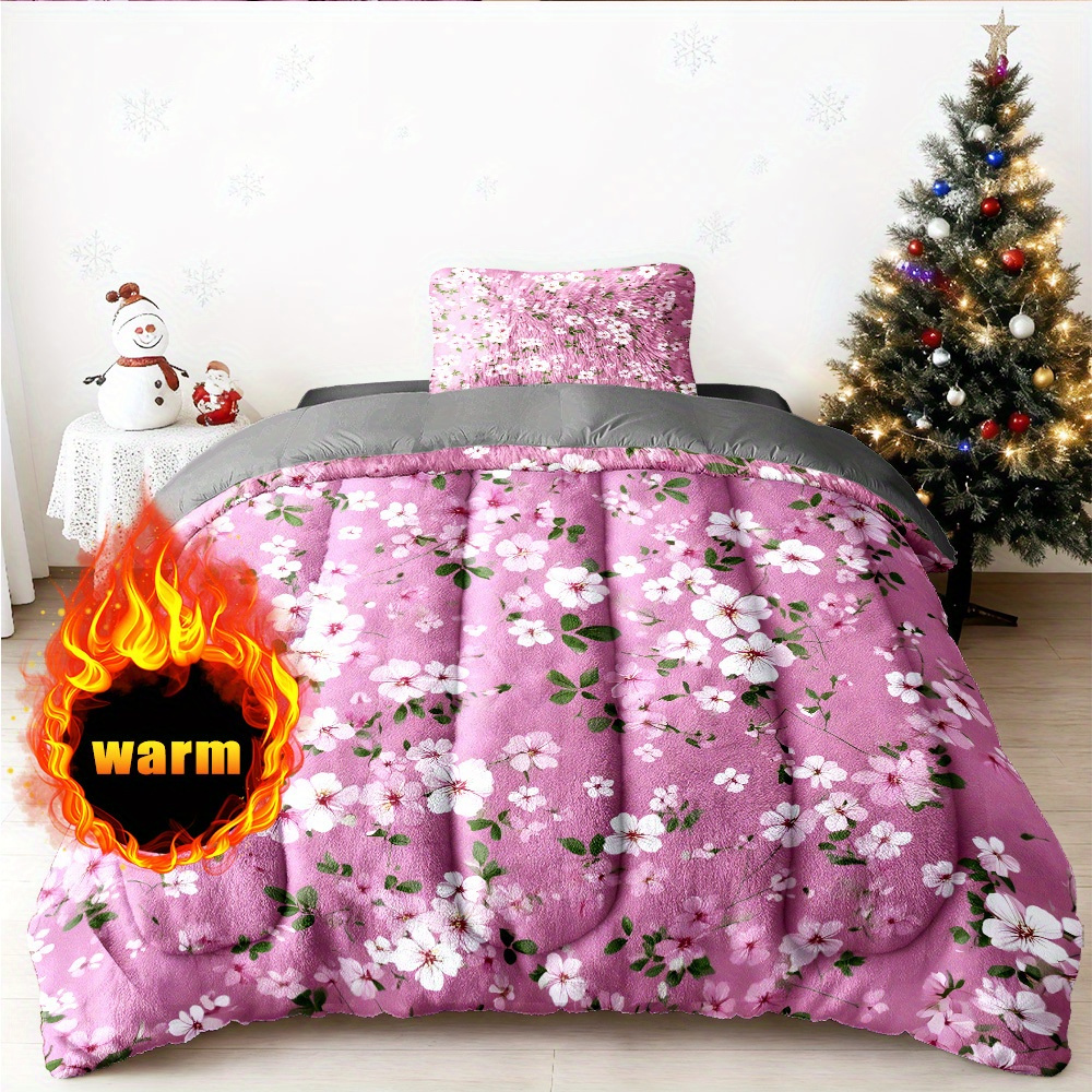3pcs Set (1 Comforter + 2 Pillow Covers) Milk Velvet Comforter Collection, Soft And Comfortable Warm Bedding Collection, Stylish Milk Fleece Quilt Collection, Perfect Bedding Basics with Floral Design