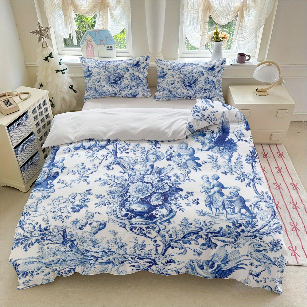 TEMU 3 pièces Housse de Couette Vintage Style Française Motif Toile Bleu et Blanc avec 2 Taies d'Oreiller Garnissage pour Décoration de Chambre